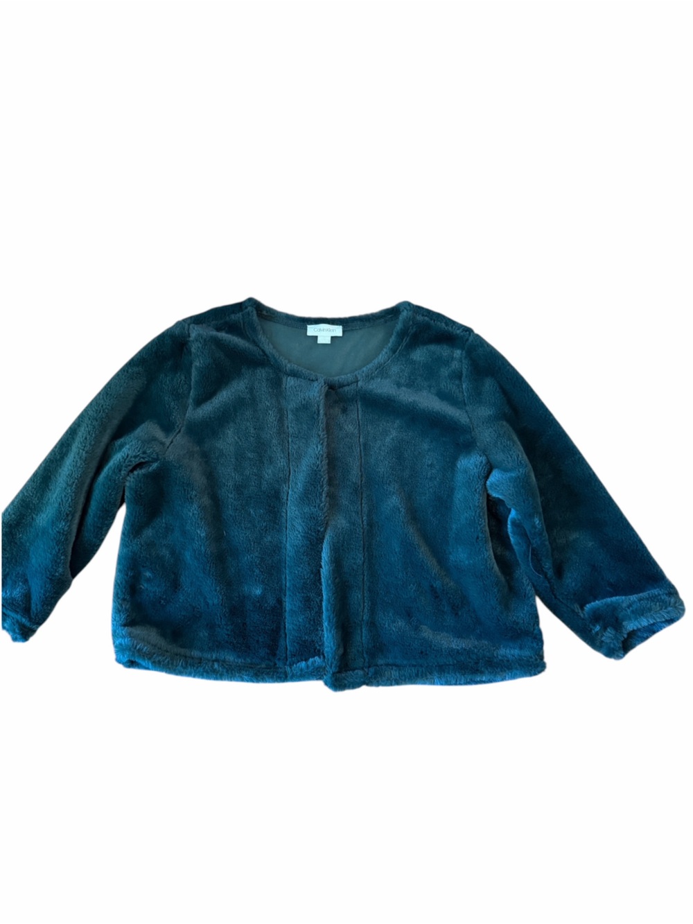 Calvin Klein Dark Green Plush Faux Fur Open Front Teddy Jacket